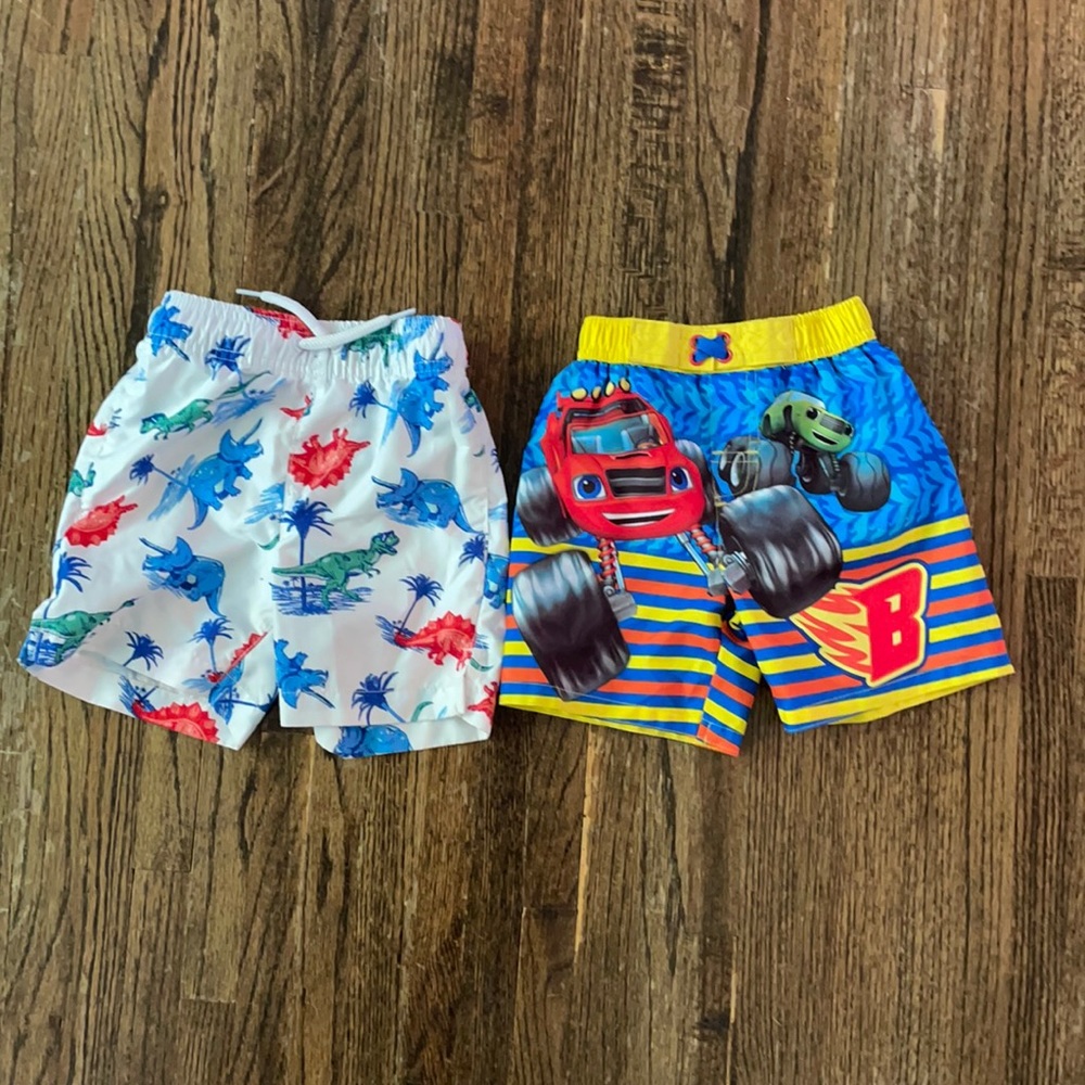 2 pairs of boys 2T swim trunks! Blaze & dinos!